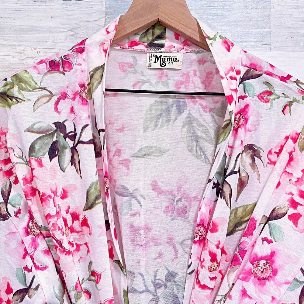 Show Me Your Mumu Floral Kimono Robe White Pink Belted Womens OS One Size